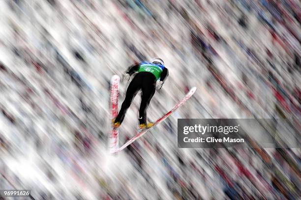 Todd Lodwick of the United States jumps during the nordic combined on day twelve of the 2010 Vancouver Winter Olympics at Whistler Olympic Park Ski...