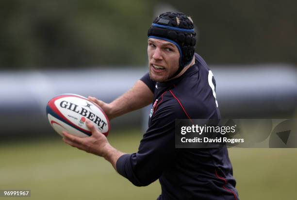 James Haskell passes the ball during the England training session held at Pennyhill Park on February 23, 2010 in Bagshot, England.