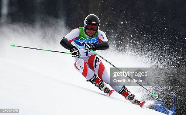 Marcel Hirscher of Austria competes during the Alpine Skiing Men's Giant Slalom on day 12 of the Vancouver 2010 Winter Olympics at Whistler Creekside...