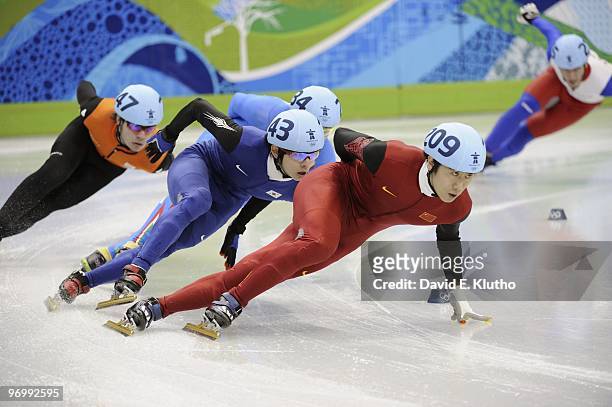 Short Track Speed Skating: 2010 Winter Olympics: South Korea Jung-Su Lee and China Jialiang Han in action during Men's 1000M Final at Pacific...