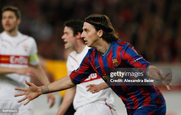 Zlatan Ibrahimovic of FC Barcelona celebrates his first goal during the UEFA Champions League round of sixteen, first leg match between VfB Stuttgart...