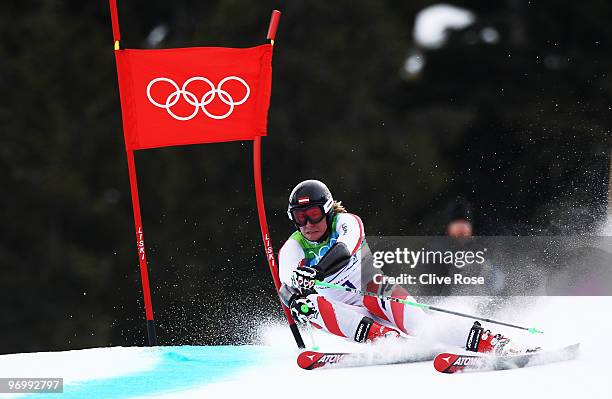 Marcel Hirscher of Austria competes during the Alpine Skiing Men's Giant Slalom on day 12 of the Vancouver 2010 Winter Olympics at Whistler Creekside...