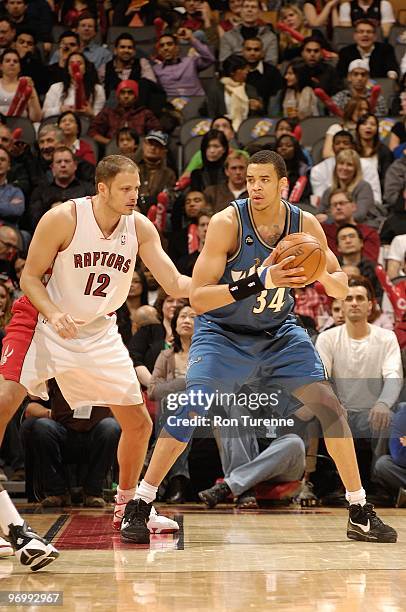 JaVale McGee of the Washington Wizards handles the ball against Rasho Nesterovic of the Toronto Raptors during the game on February 20, 2010 at Air...