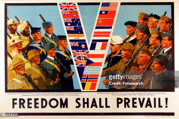 Illustration depicting soldiers from the Allied countries of World War II, facing a central 'V' shape formed by the flags of their different...