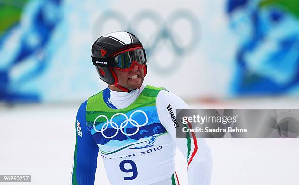 Davide Simoncelli of Italy reacts at the end of his second run during the Alpine Skiing Men's Giant Slalom on day 12 of the Vancouver 2010 Winter...