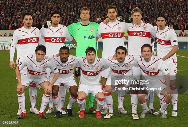 The team of Stuttgart line up during the UEFA Champions League round of sixteen, first leg match between VfB Stuttgart and FC Barcelona at...