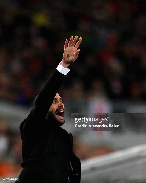 Team coach Josep Guardiola of FC Barcelona reacts during the UEFA Champions League round of sixteen, first leg match between VfB Stuttgart and FC...