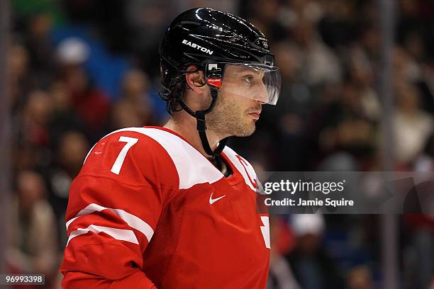 Mark Streit of Switzerland looks on during the ice hockey Men's Qualification Playoff game between Switzerland and Belarus on day 12 of the Vancouver...