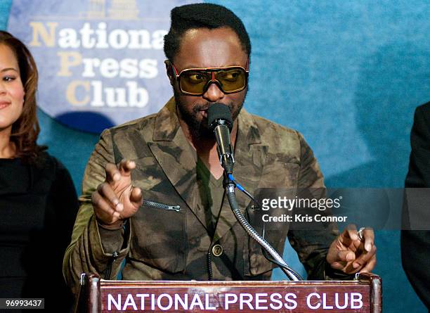 Will.i.am speaks during a news conference to promote green jobs at the National Press Club on February 23, 2010 in Washington, DC.
