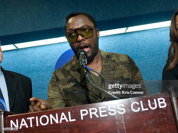 Will.i.am speaks during a news conference to promote green jobs at the National Press Club on February 23, 2010 in Washington, DC.