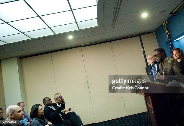 Will.i.am speaks during a news conference to promote green jobs at the National Press Club on February 23, 2010 in Washington, DC.