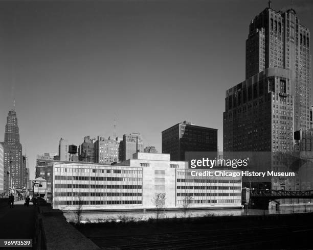 Exterior view of the corporate headquarters of the Morton Salt Company, located at 110 North Wacker Drive, Chicago, 1958. The view shows the...