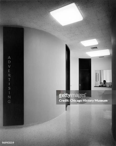 Interior view of the corporate headquarters of the Morton Salt Company, located at 110 North Wacker Drive, Chicago, 1958. The view shows one of the...