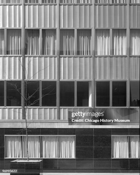 Exterior view of the corporate headquarters of the Morton Salt Company, located at 110 North Wacker Drive, Chicago, 1958. Detail view showing the...