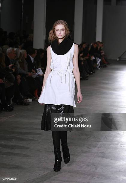 Model walks the runway during the Jonathan Saunders show for London Fashion Week Autumn/Winter 2010 at Old Truman Brewery on February 23, 2010 in...