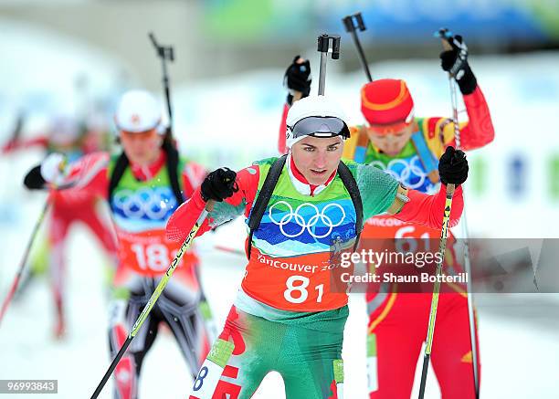 Liudmila Kalinchik of Belarus, Wang Chunli of China and Megan Imrie of Canada during the women's biathlon 4 x 6km relay on day 12 of the 2010...