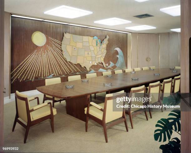 Interior view of the corporate headquarters of the Morton Salt Company, located at 110 North Wacker Drive, Chicago, 1958. The view shows a board room.