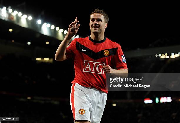 Michael Owen of Manchester United celebrates scoring to make it 3-0 during the Barclays Premier League match between Manchester United and West Ham...