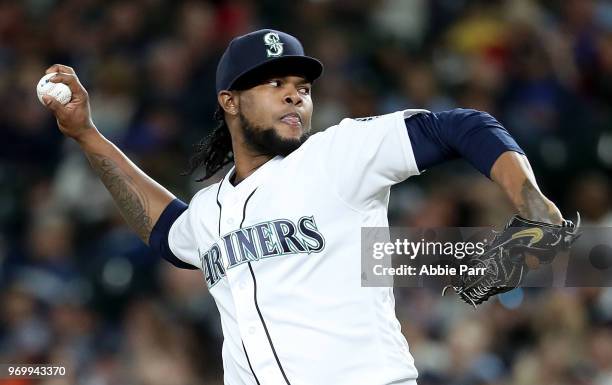 Alex Colome of the Seattle Mariners pitches during the eighth inning against the Tampa Bay Rays during their game at Safeco Field on June 2, 2018 in...