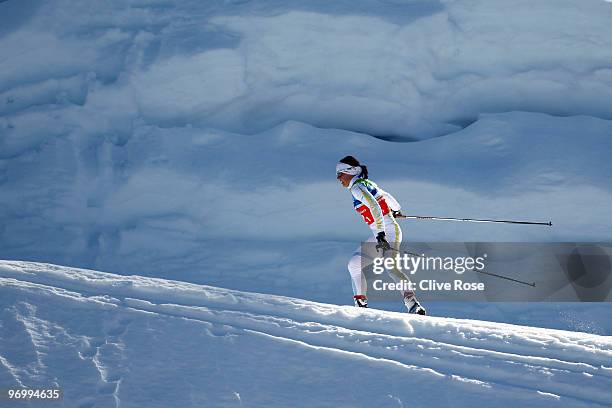 Charlotte Kalla of Sweden competes during the cross country skiing ladies team sprint semifinal on day 11 of the 2010 Vancouver Winter Olympics at...