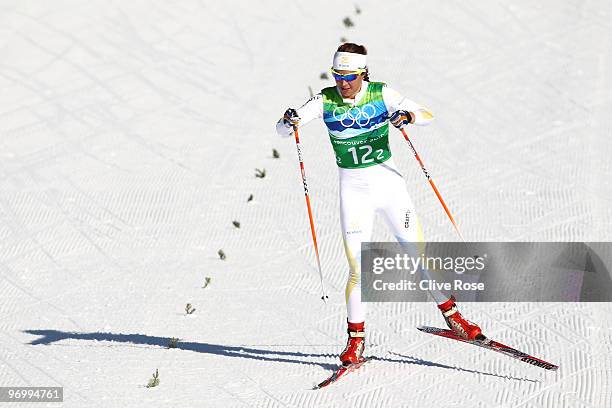 Anna Haag of Sweden competes during the cross country skiing ladies team sprint semifinal on day 11 of the 2010 Vancouver Winter Olympics at Whistler...