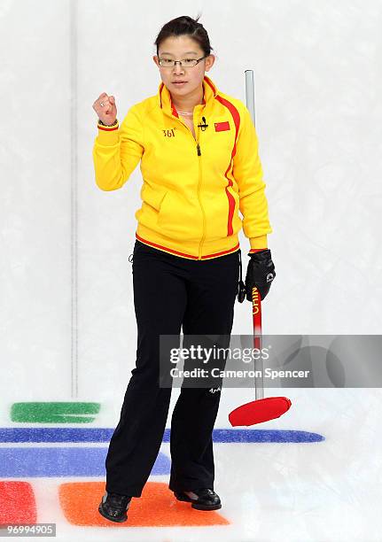 China skip Bingyu Wang celebrates during the women's curling round robin game between China and the United States on day 12 of the Vancouver 2010...