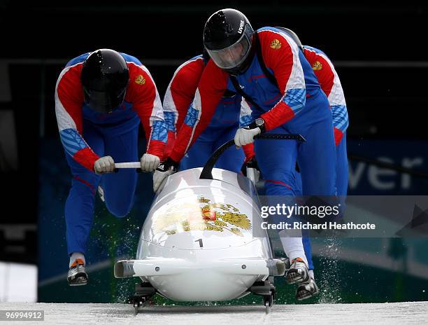 Russia 1 driven by Alexsandr Zubkov practices during Four Man Bobsleigh training on Day 12 of the Vancouver 2010 Winter Olympics at Whistler Sliding...