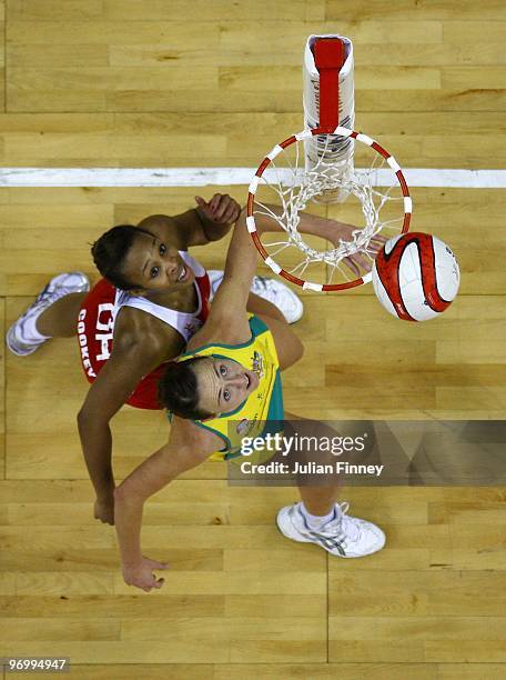 Pamela Cookey of England and Rebecca Bulley of Australia contest for the ball during the third test of the Co-operative International Netball Series...