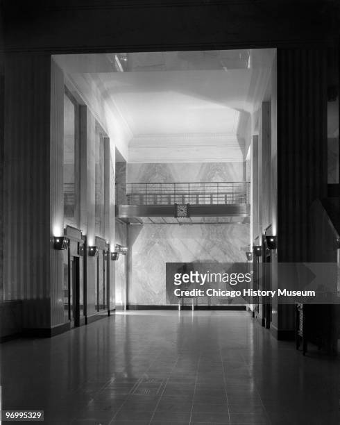 Interior view showing the lobby of the Field Building, an office building at 135 South LaSalle Street, Chicago, IL, 1932. The landmark building was...