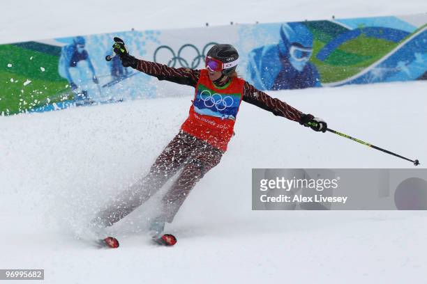 Ashleigh Mcivor of Canada crosses the line to win gold in the freestyle skiing ladies' ski cross on day 12 of the Vancouver 2010 Winter Olympics at...