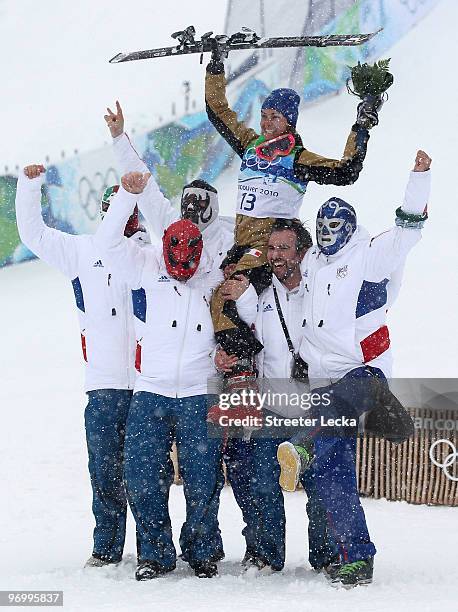 Marion Josserand of France celebrates bronze during the flower ceremony for the women's ski cross freestyle skiing held at the on day 12 of the...