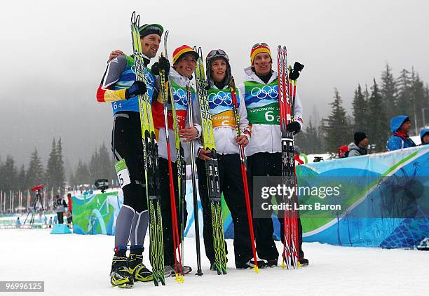 Team Germany Bjoern Kircheisen, Johannes Rydzek, Eric Frenzel, and Tino Edelmann celebrate after winning Olympic Bronze ini the nordic combined on...