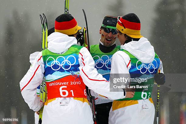 Team Germany Bjoern Kircheisen, Johannes Rydzek, Eric Frenzel, and Tino Edelmann celebrate after winning Olympic Bronze ini the nordic combined on...