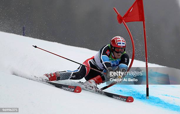 Silver medalist Kjetil Jansrud of Norway competes during the Alpine Skiing Men's Giant Slalom on day 12 of the Vancouver 2010 Winter Olympics at...