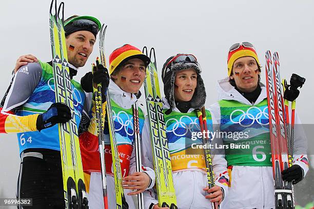 Team Germany Bjoern Kircheisen, Johannes Rydzek, Eric Frenzel, and Tino Edelmann celebrate after winning Olympic Bronze ini the nordic combined on...