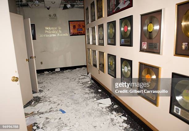 Gold and platinum records on display at the PIR Studio after the devastating losses from weekend fire at the Sound of Philadelphia office building on...