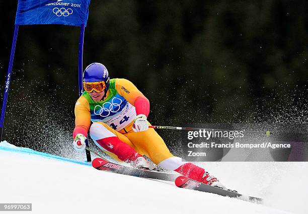 Erik Guay of Canada during the Men's Alpine Skiing Giant Slalom on Day 12 of the 2010 Vancouver Winter Olympic Games on February 23, 2010 in Whistler...