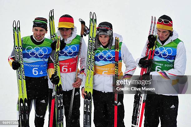 Team Germany Bjoern Kircheisen, Johannes Rydzek, Eric Frenzel and Tino Edelmann celebrate after winning Olympic Bronze ini the nordic combined on day...
