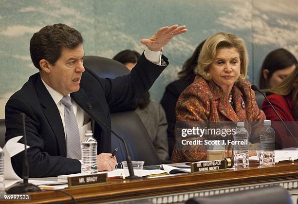 Ranking member Sam Brownback, R-Kan., and Chairwoman Carolyn B. Maloney, N.Y. , during the House-Senate Joint Economic Committee hearing with...