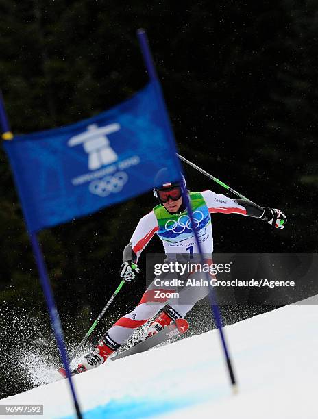 Marcel Hirscher of Austria during the Men's Alpine Skiing Giant Slalom on Day 12 of the 2010 Vancouver Winter Olympic Games on February 23, 2010 in...