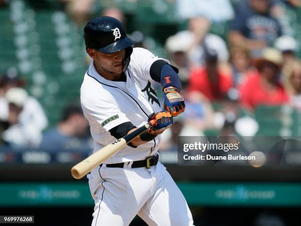 Jose Iglesias of the Detroit Tigers bats against the Los Angeles Angels at Comerica Park on May 28, 2018 in Detroit, Michigan. MLB players across the...