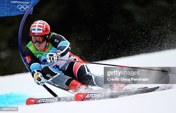 Kjetil Jansrud of Norway competes during the Alpine Skiing Men's Giant Slalom on day 12 of the Vancouver 2010 Winter Olympics at Whistler Creekside...