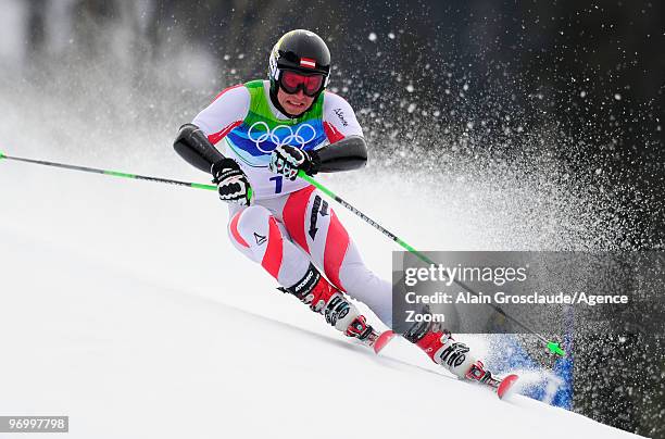 Marcel Hirscher of Austria during the Men's Alpine Skiing Giant Slalom on Day 12 of the 2010 Vancouver Winter Olympic Games on February 23, 2010 in...