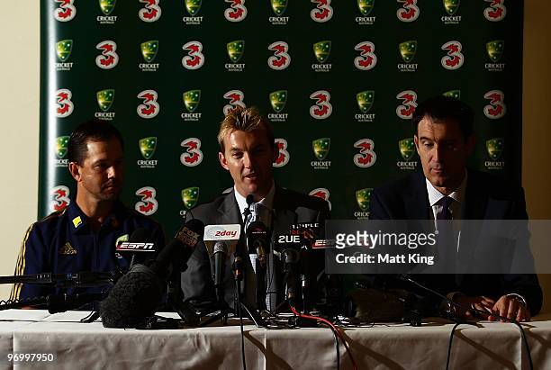Australian cricket captain Ricky Ponting and Cricket Australia CEO James Sutherland look on as Australian cricketer Brett Lee speaks to the media at...