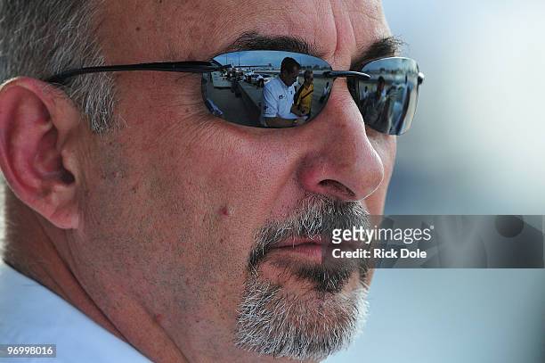 Bobby Rahal, owner of the BMW Rahal Letterman BMW M3, watches during the American Le Mans Series Winter Test at Sebring International Raceway...