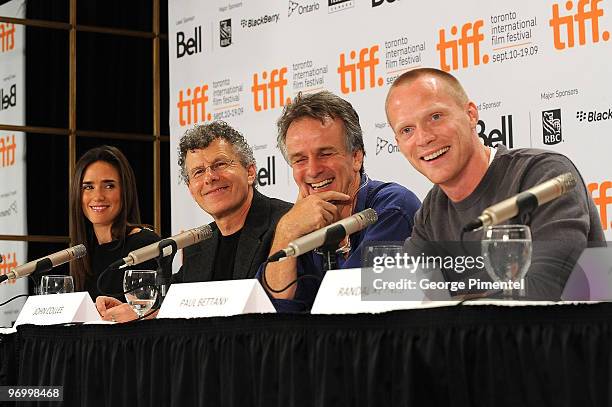 Actress Jennifer Connelly, director Jon Amiel, writer John Collee and actor Paul Bettany speak onstage at the "Creation" press conference held at the...