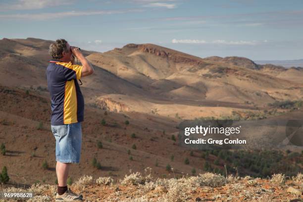 man looking through binoculars at the surrounding hillside in the australian outback - flinders ranges stockfoto's en -beelden