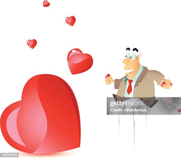 stockillustraties, clipart, cartoons en iconen met adult man jumping and looking at flying hearts - nihatdursun