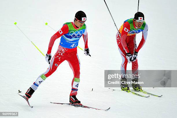 Taihei Kato and Akito Watabe of Japan during their portion of the Nordic Combined Team relay on day twelve of the 2010 Vancouver Winter Olympics at...