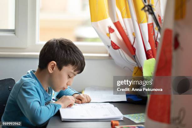 young boy doing maths at home - anna pekunova stock-fotos und bilder